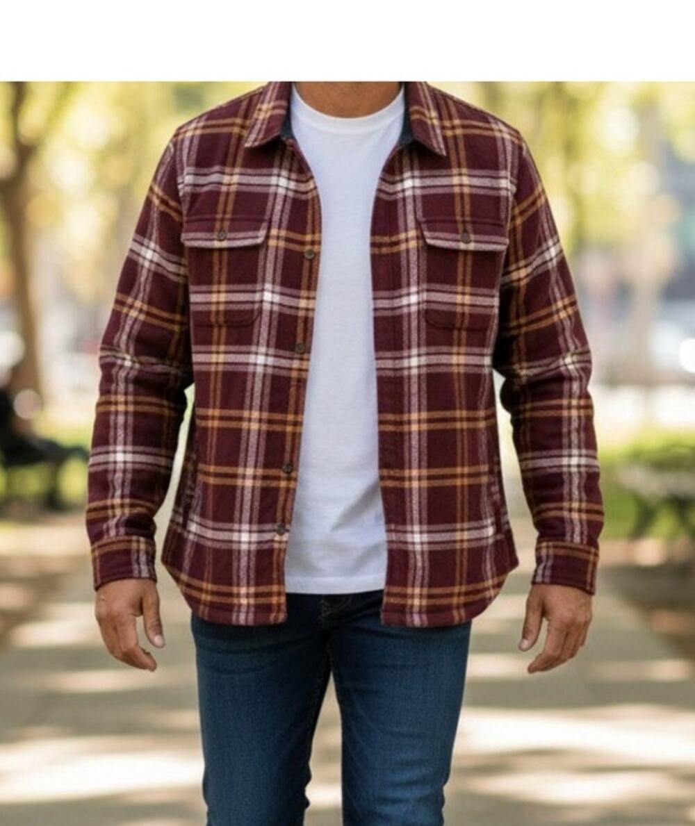 LL Bean Men's Fleece Lined Snap Flannel Shirt Red White Plaid Large